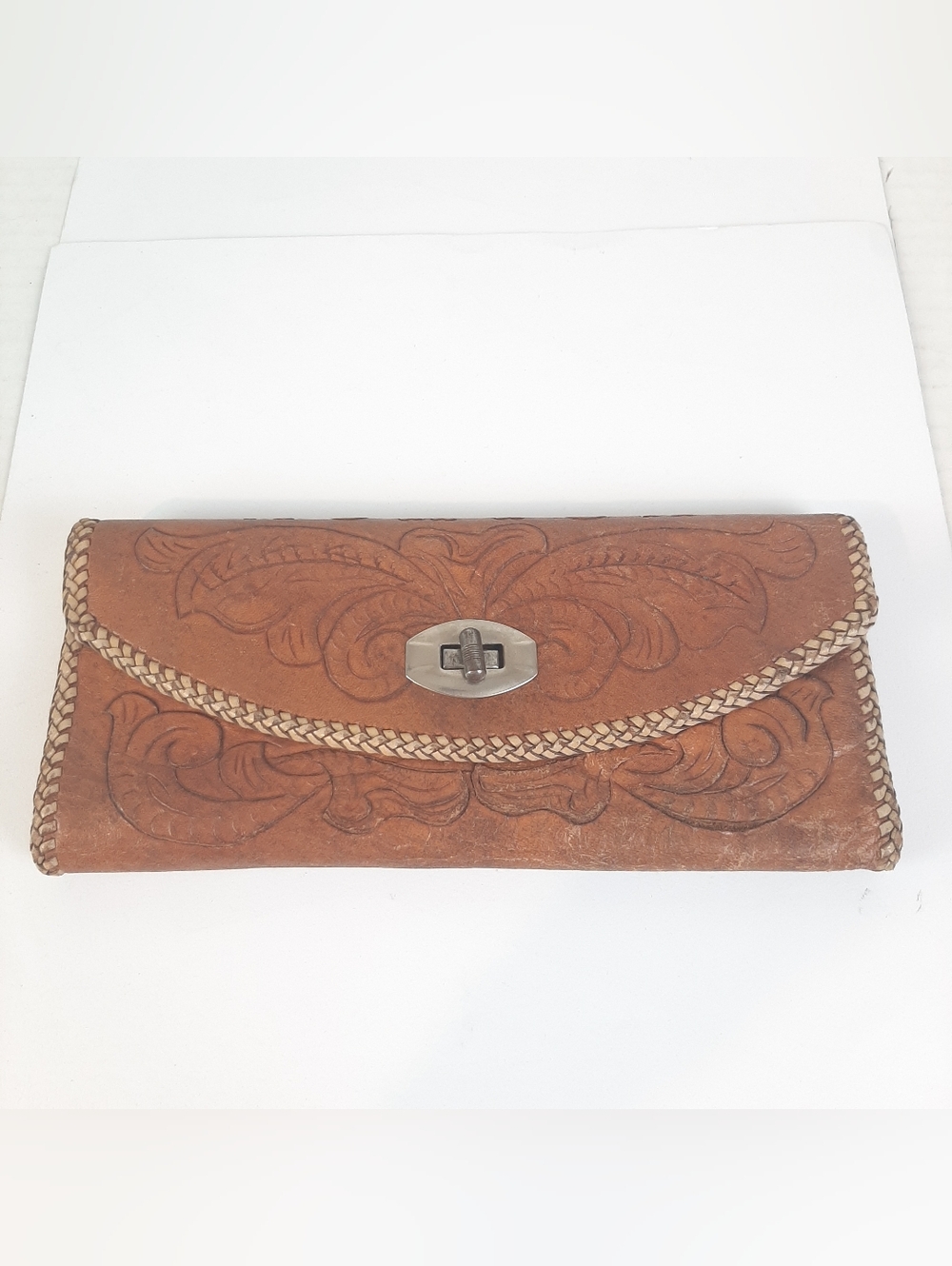 🛍Vintage Hand Tooled Leather Whipstitch Western Tri Fold Floral Wallet TurnLock